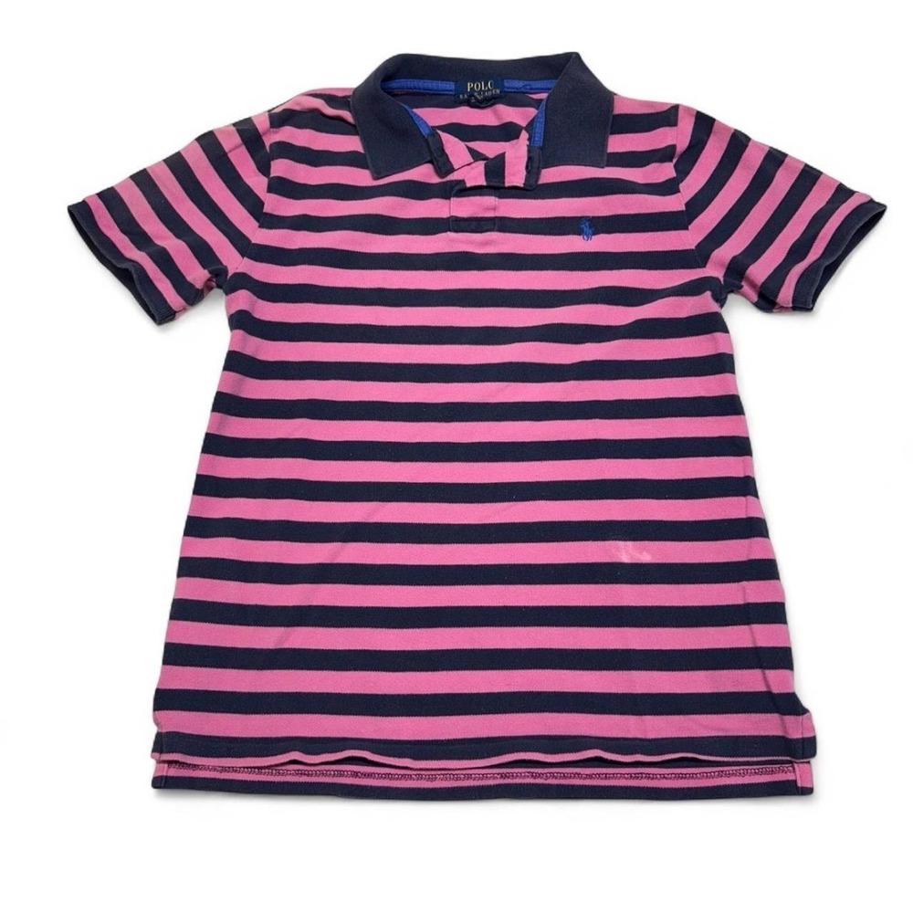 Polo Ralph Lauren Boys XL 18-20 Pink Navy Blue Striped Short Sleeve Polo Shirt